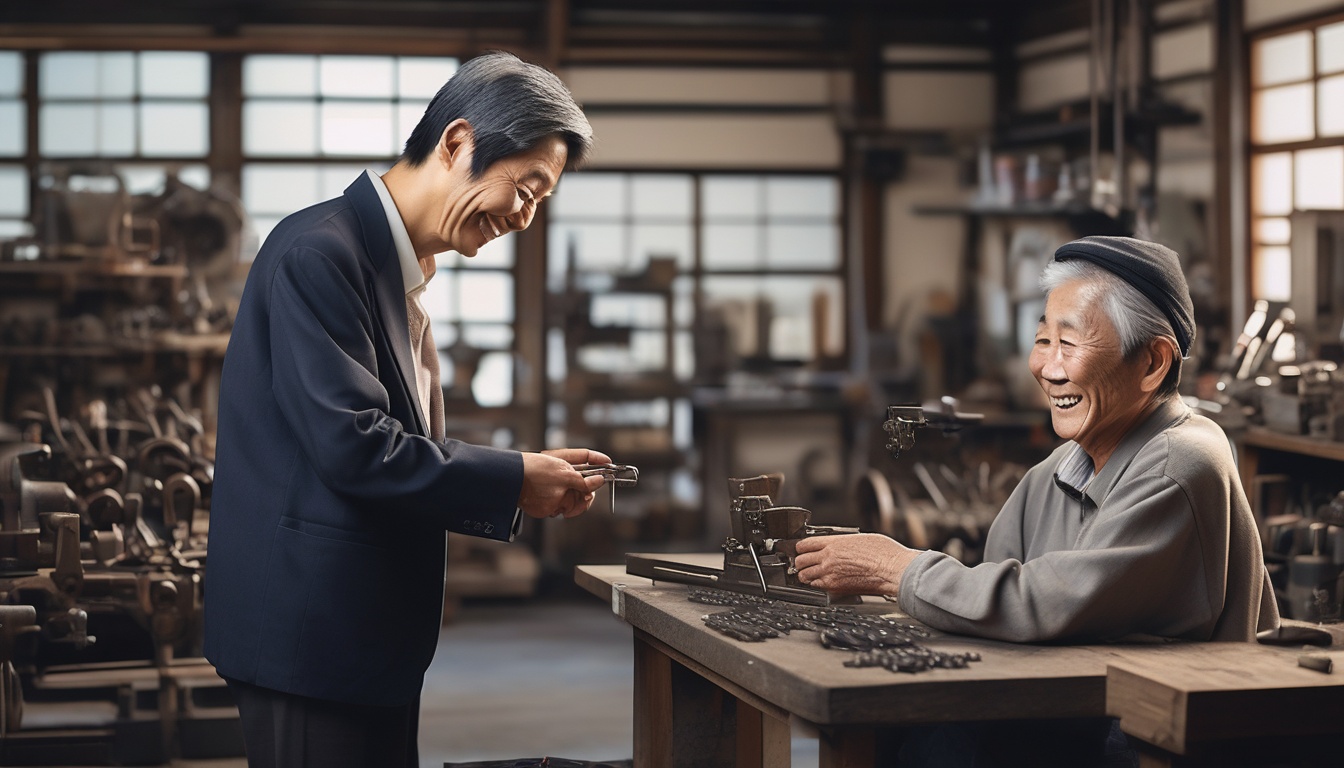 小さな町工場で高齢の店主から鍵を受け取る若い後継者。個人による事業承継を象徴するイメージ