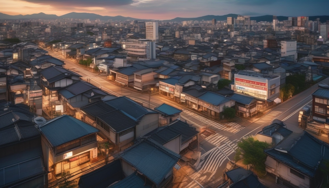 夕暮れの地方都市の工場と商店街を望む風景。地域経済の担い手である中小企業の集積を象徴