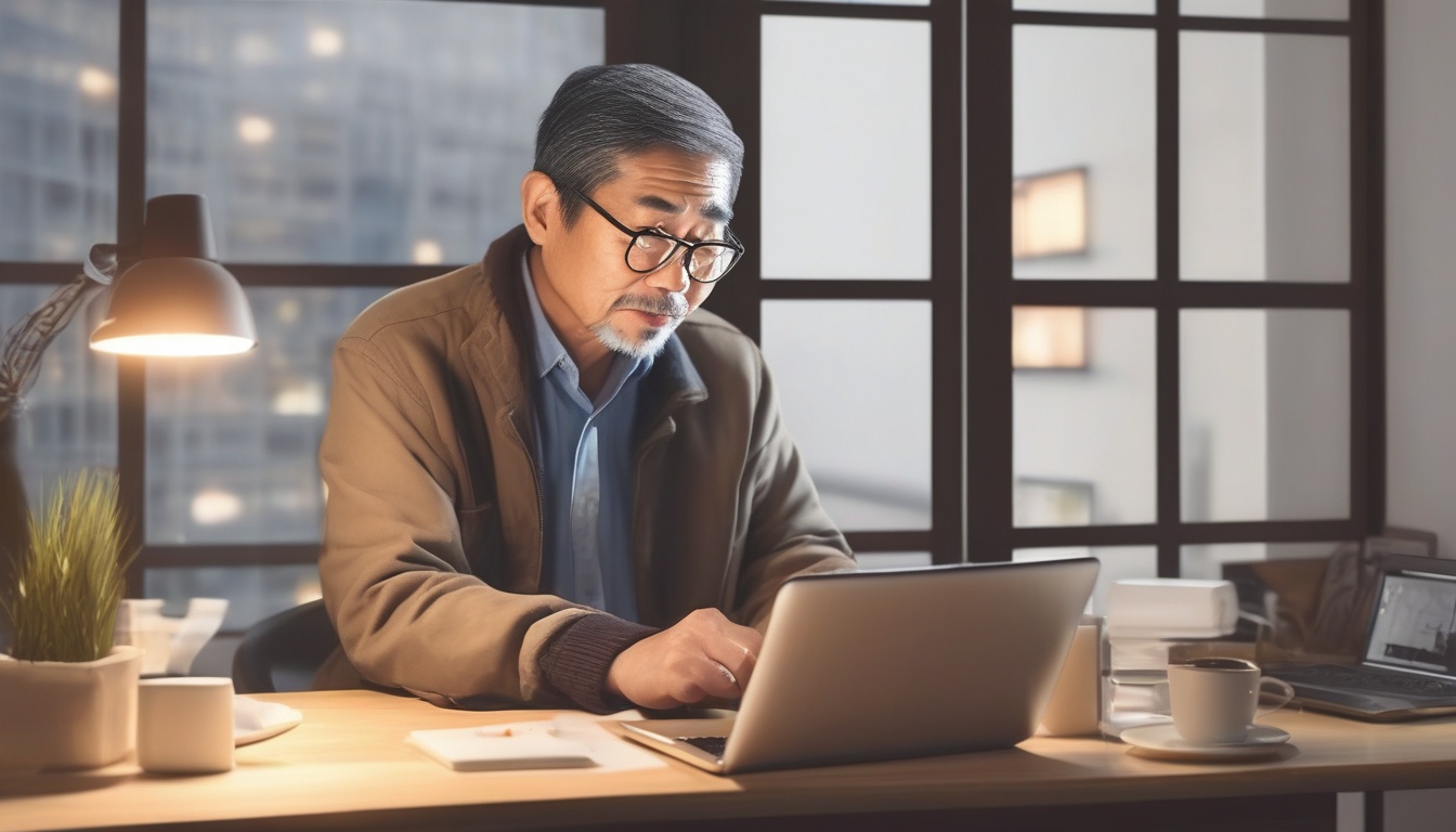 ノートパソコンでオンラインのM&Aマッチングサービスを閲覧する経営者