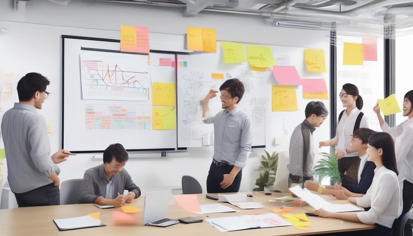 統合後の2社の社員がホワイトボードを囲んで協働するオフィスの風景