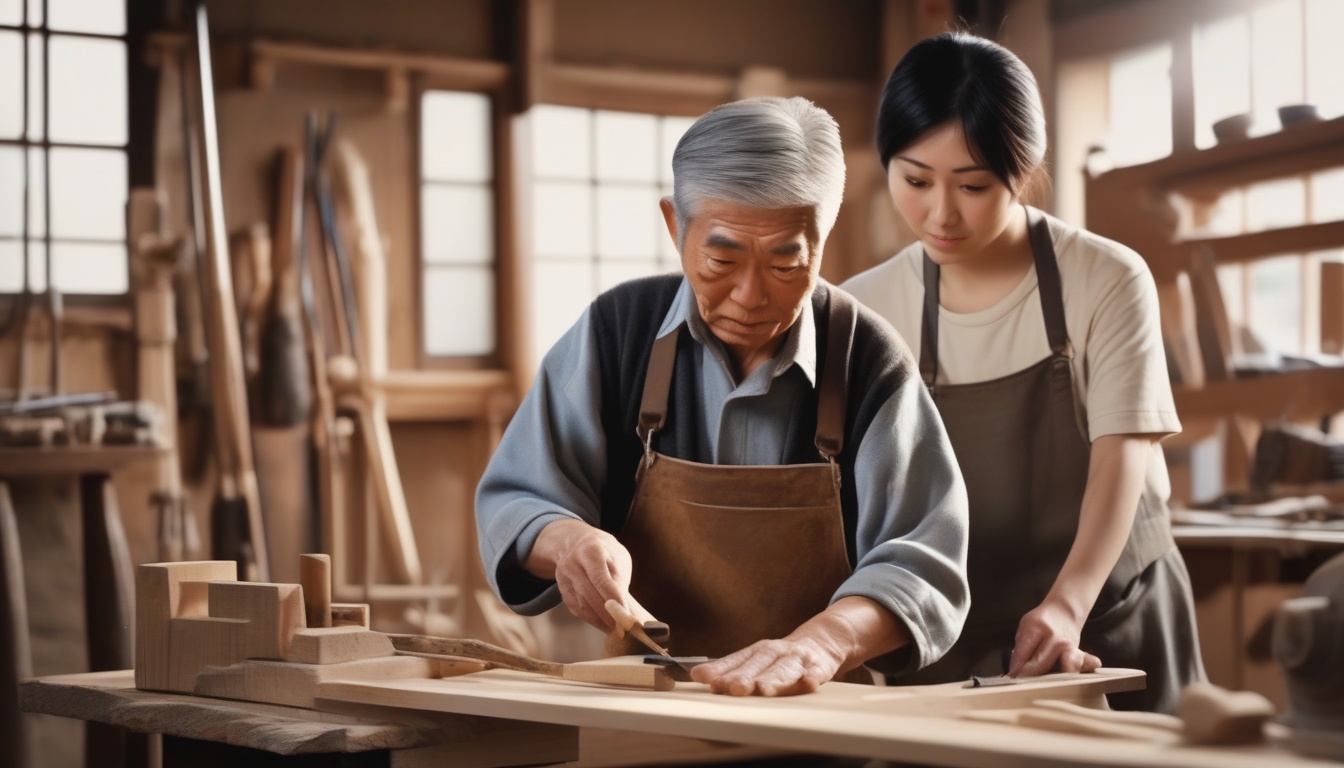 伝統工房で高齢の職人が若い後継者に木工技術を教える様子。技能承継の現場